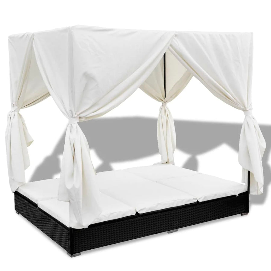 Loungebed Met Gordijnen Poly Rattan Zwart