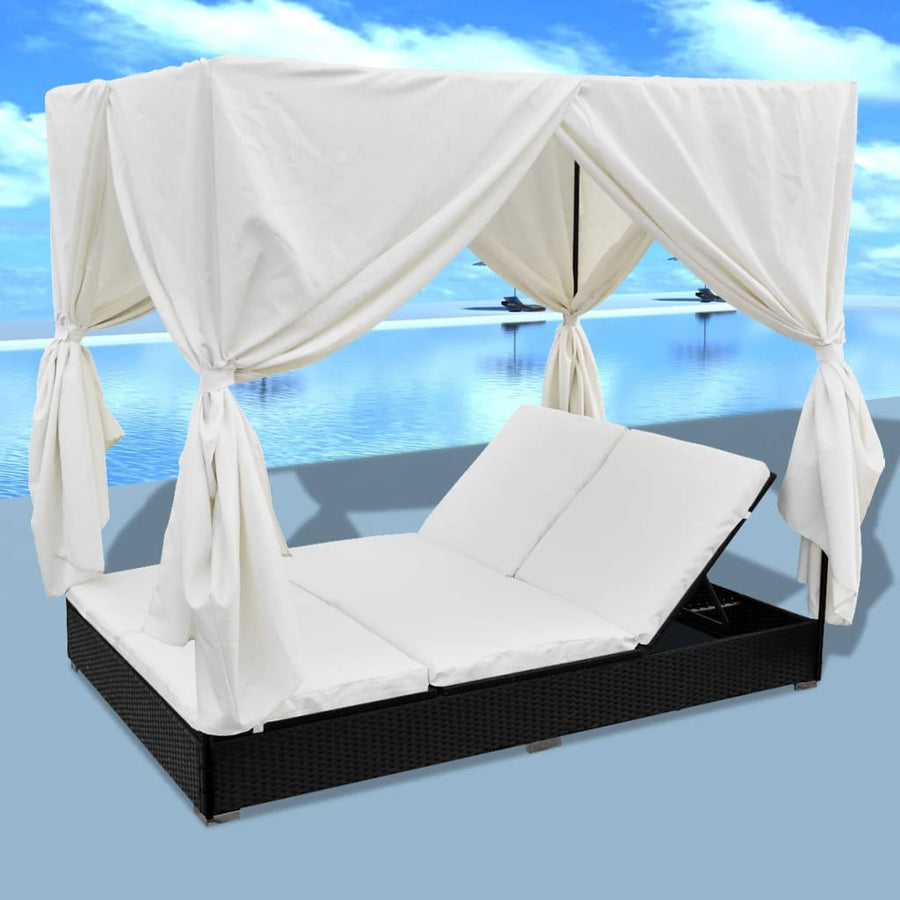 Loungebed Met Gordijnen Poly Rattan Zwart