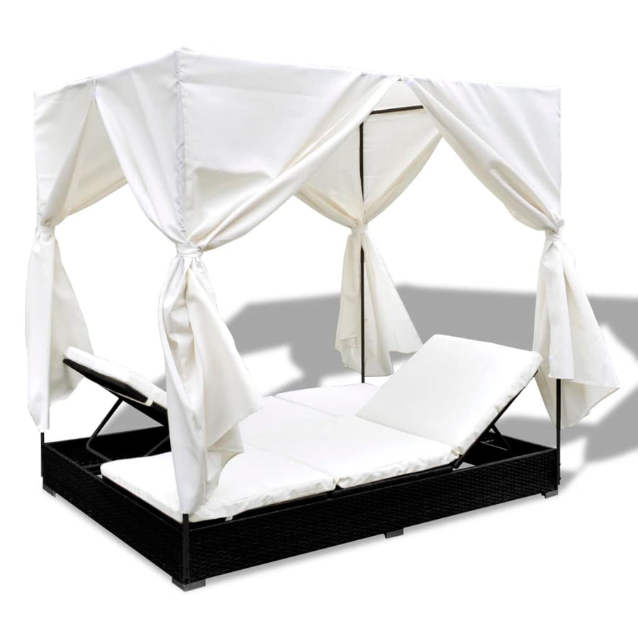 Loungebed Met Gordijnen Poly Rattan Zwart