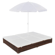 Lounge bed with parasol poly rattan brown