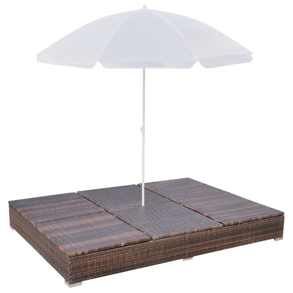 Loungebed Met Parasol Poly Rattan Bruin