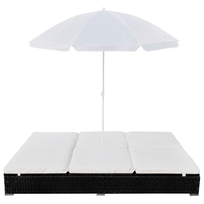 Loungebed Met Parasol Poly Rattan Zwart