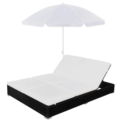 Loungebed Met Parasol Poly Rattan Zwart