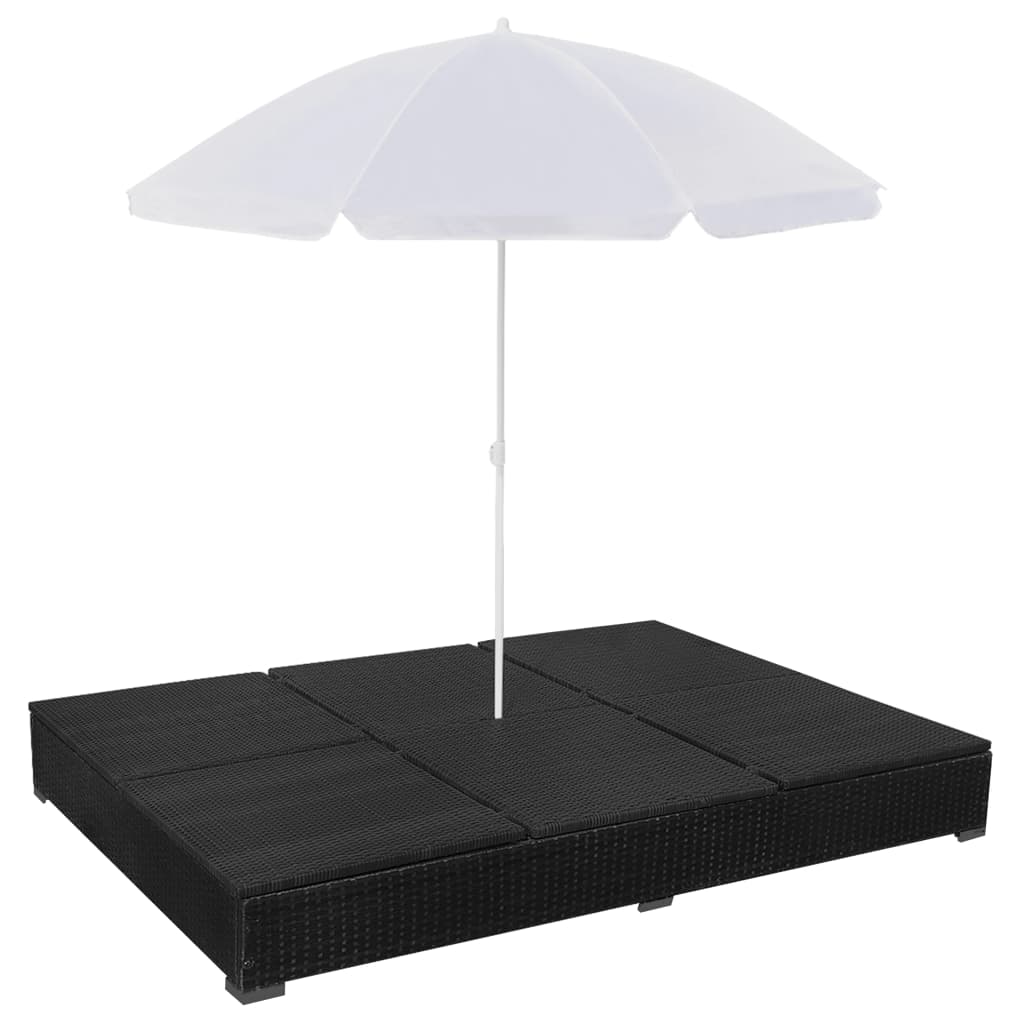 Loungebed Met Parasol Poly Rattan Zwart