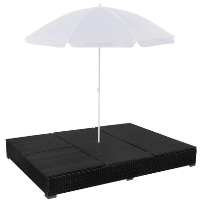 Loungebed Met Parasol Poly Rattan Zwart
