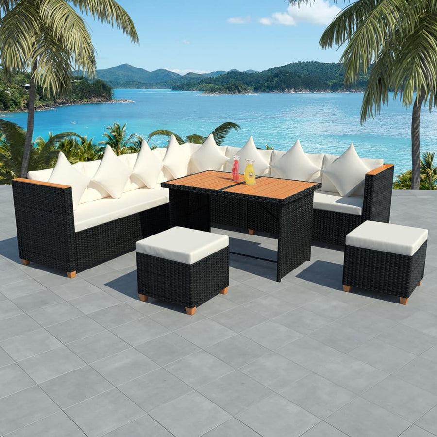 7-Delige Loungeset Met Kussens Poly Rattan Zwart