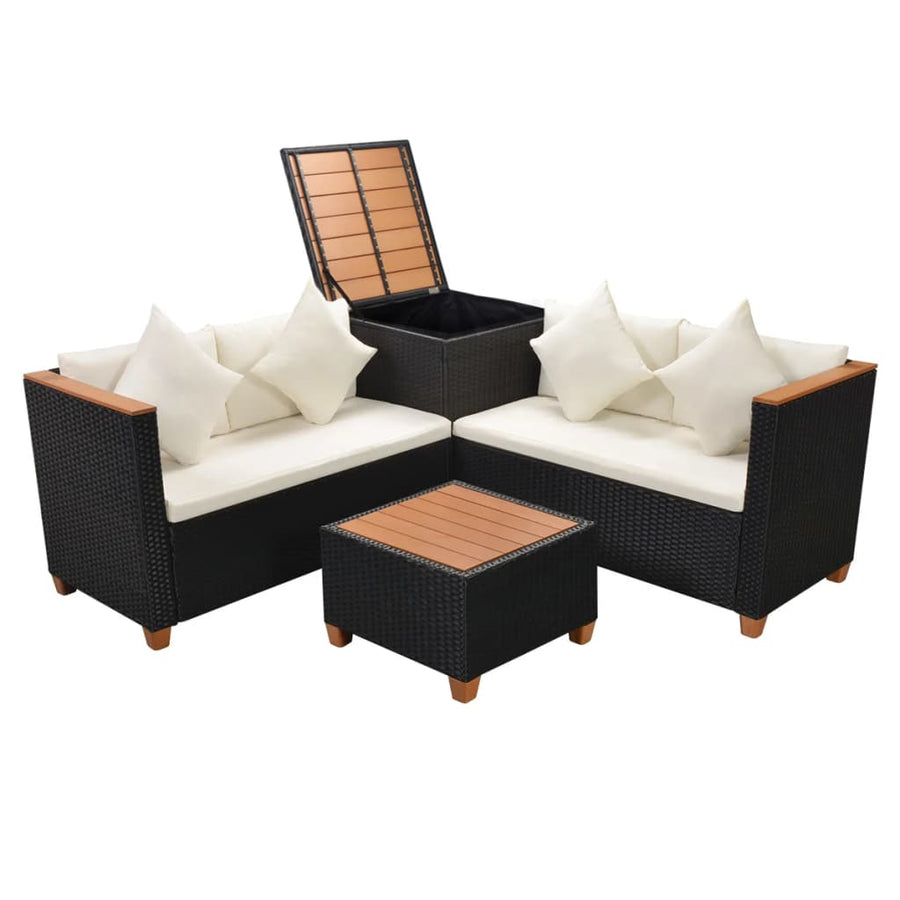 4-delige Loungeset met kussens poly rattan zwart