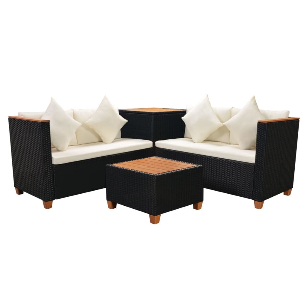 4-delige Loungeset met kussens poly rattan zwart