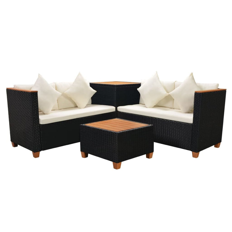 4-delige Loungeset met kussens poly rattan zwart