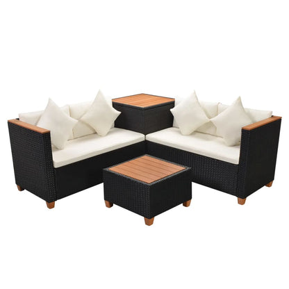 4-delige Loungeset met kussens poly rattan zwart
