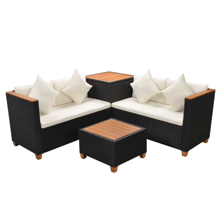 4-delige Loungeset met kussens poly rattan zwart