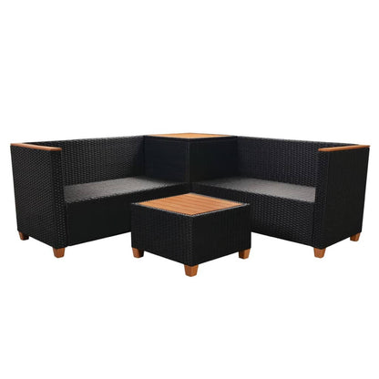 4-delige Loungeset met kussens poly rattan zwart