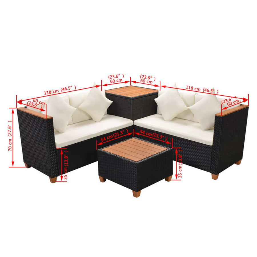 4-delige Loungeset met kussens poly rattan zwart