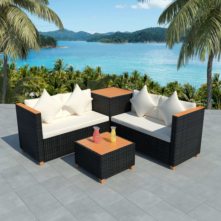 4-delige Loungeset met kussens poly rattan zwart
