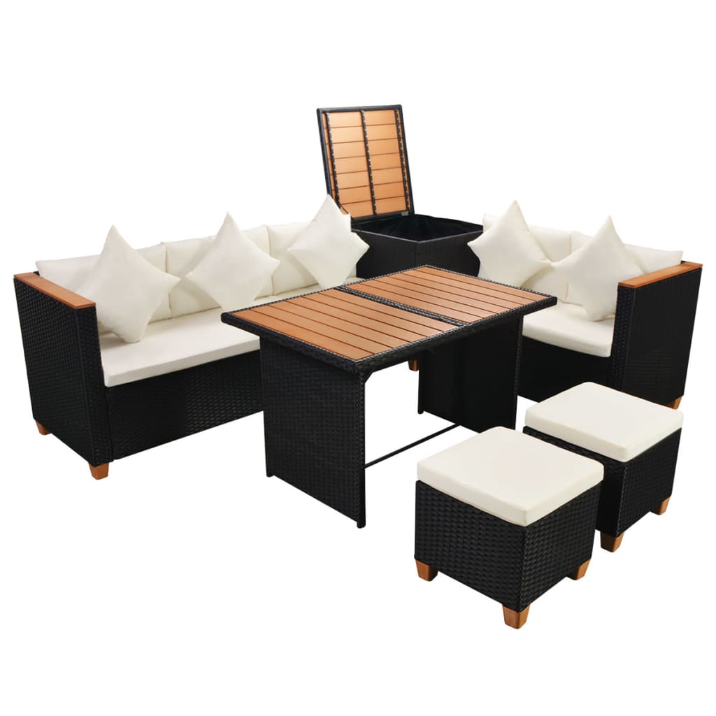 7-Delige Loungeset Met Kussens Poly Rattan Zwart