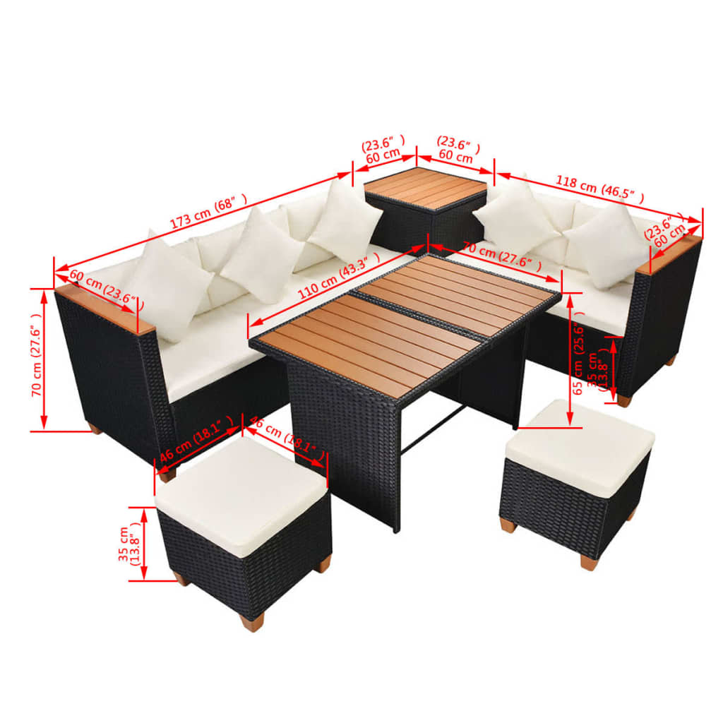 7-Delige Loungeset Met Kussens Poly Rattan Zwart