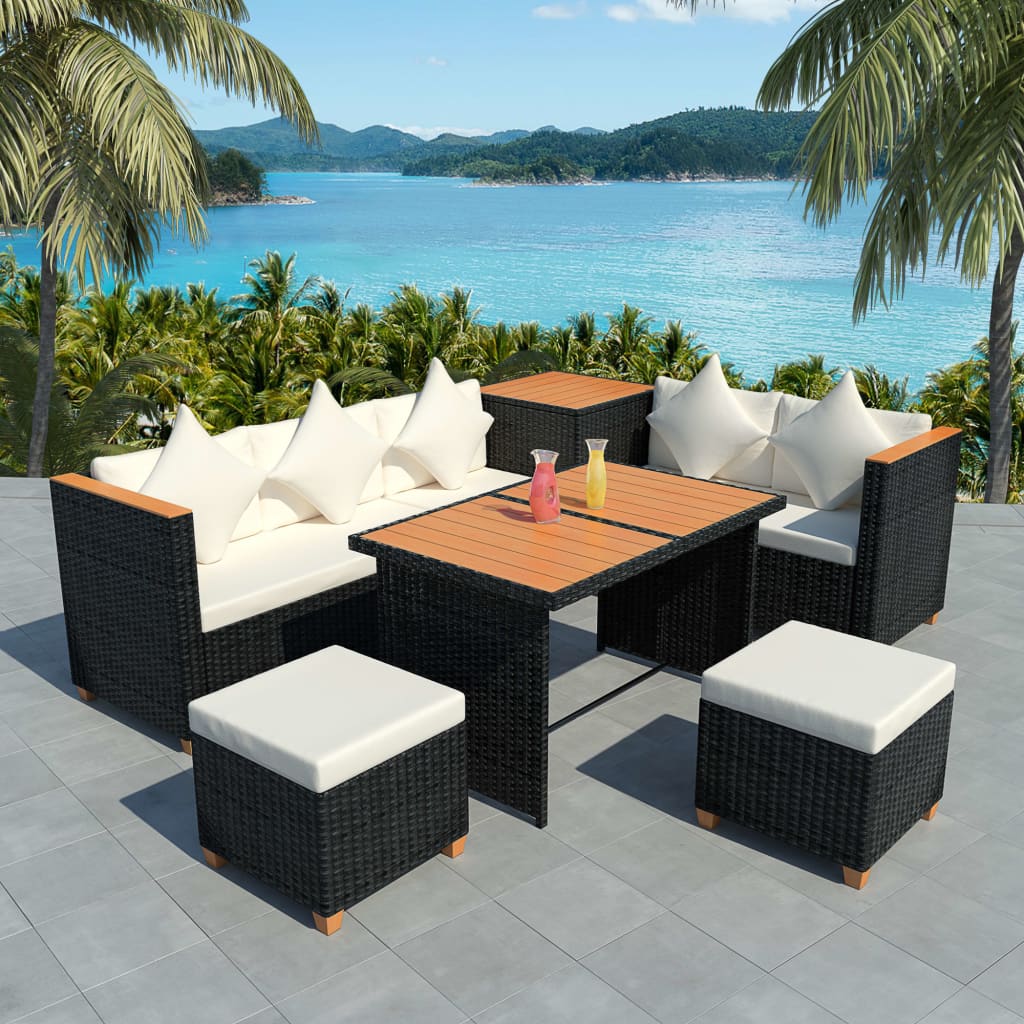 7-Delige Loungeset Met Kussens Poly Rattan Zwart