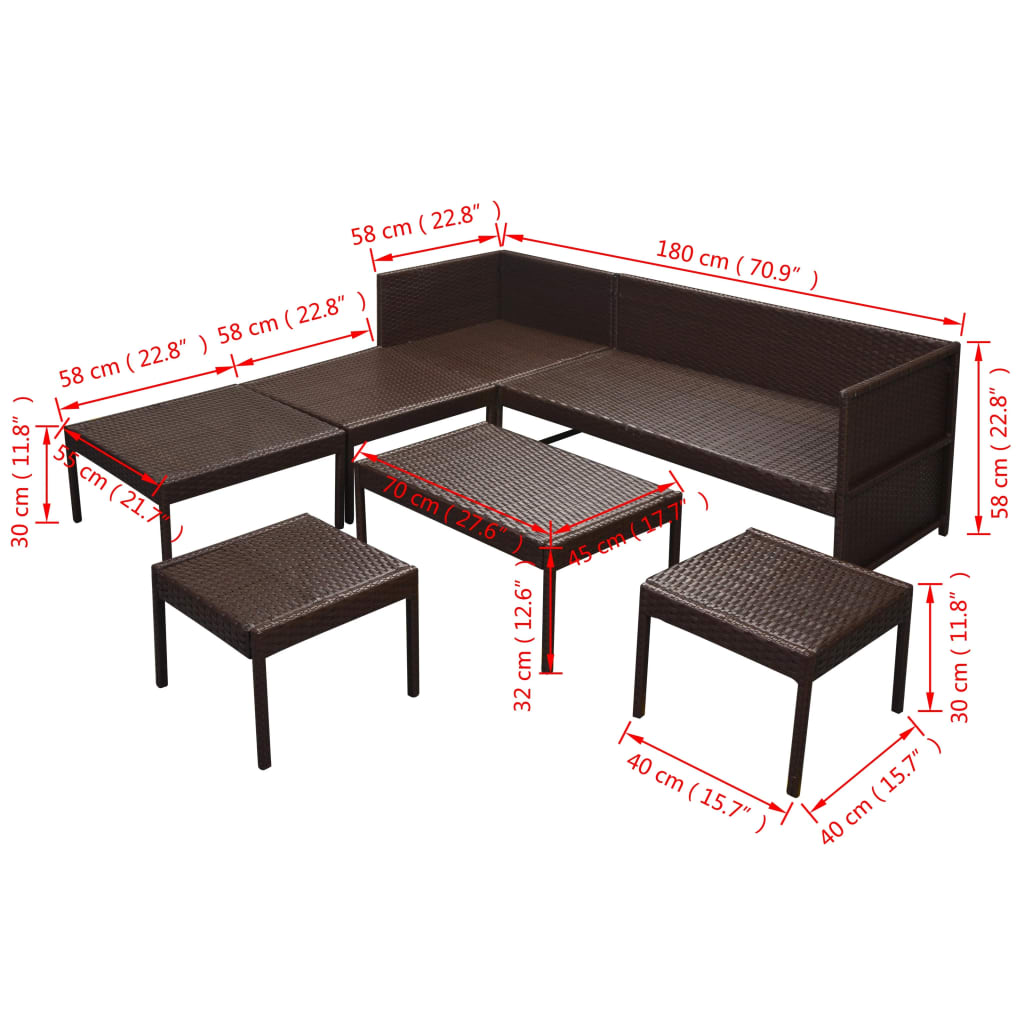 6-Delige Loungeset Met Kussens Poly Rattan Bruin