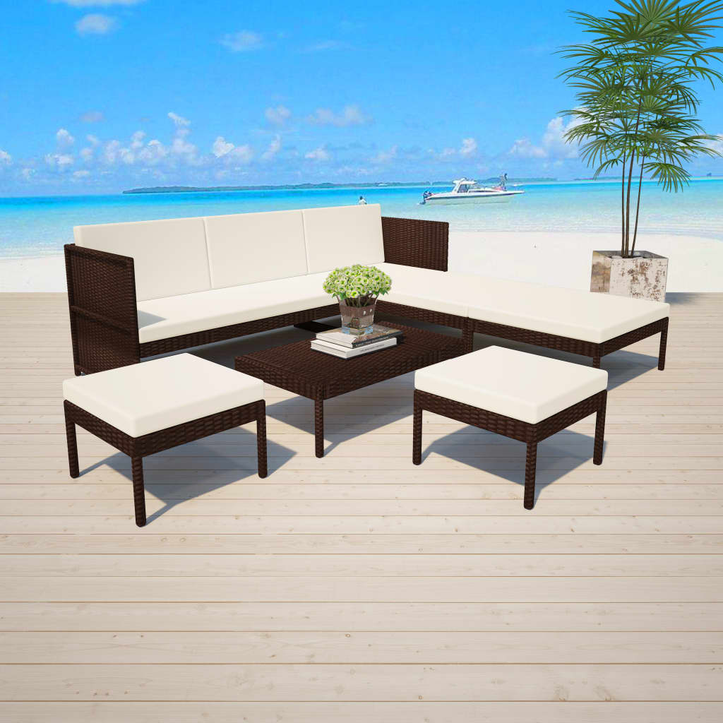 6-Delige Loungeset Met Kussens Poly Rattan Bruin