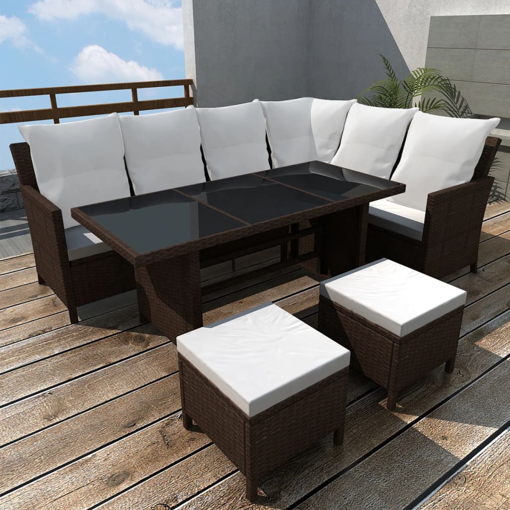 Loungeset Met Kussens Poly Rattan Bruin