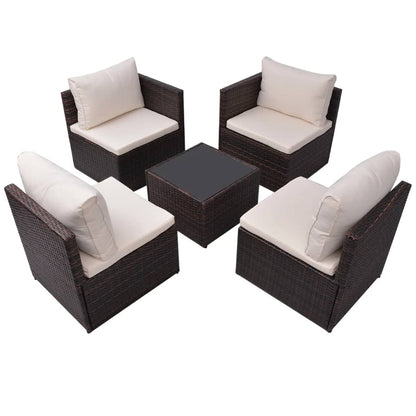 5-delige Loungeset met kussens poly rattan bruin