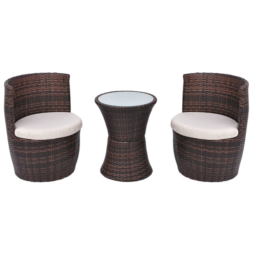 3-delige Bistroset met kussens poly rattan bruin