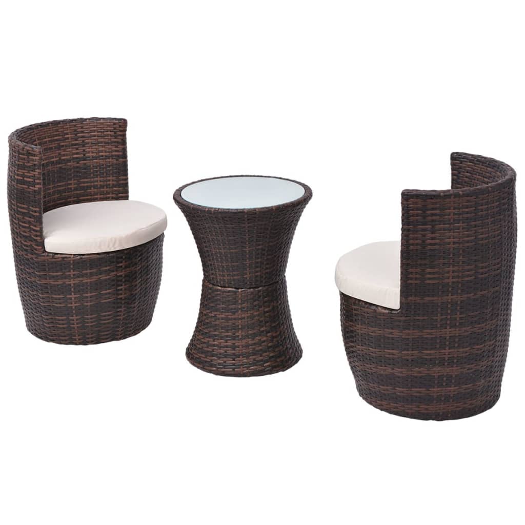 3-delige Bistroset met kussens poly rattan bruin