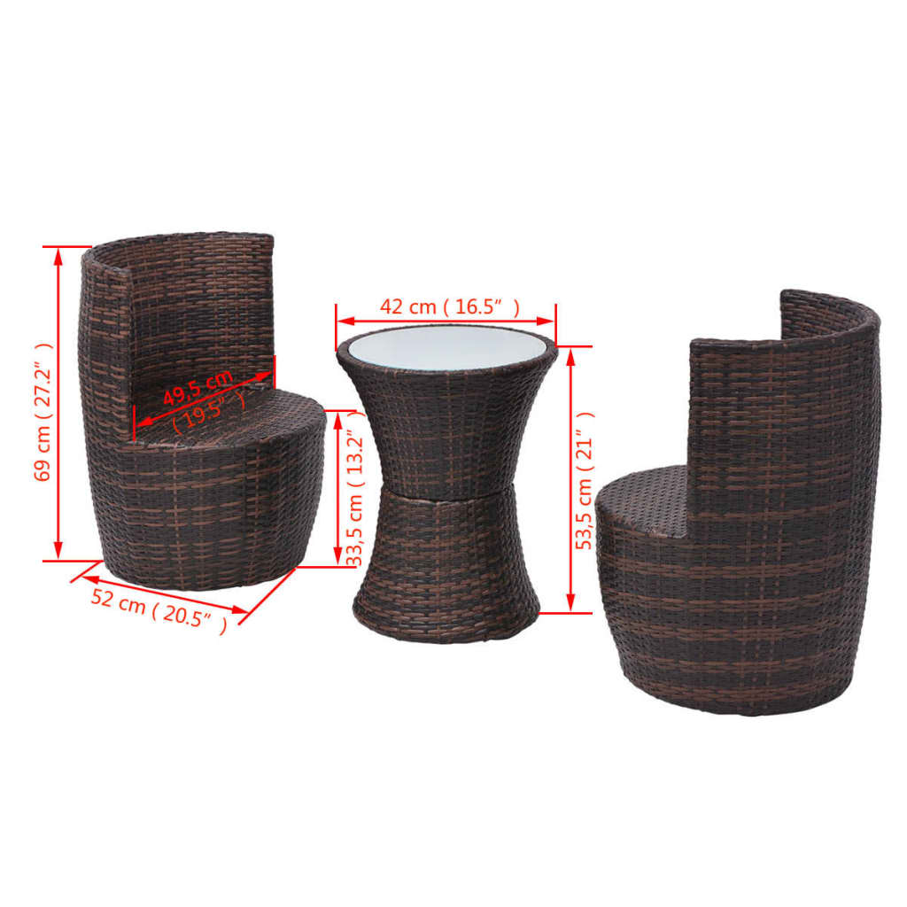 3-delige Bistroset met kussens poly rattan bruin