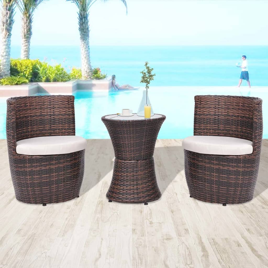 3-delige Bistroset met kussens poly rattan bruin