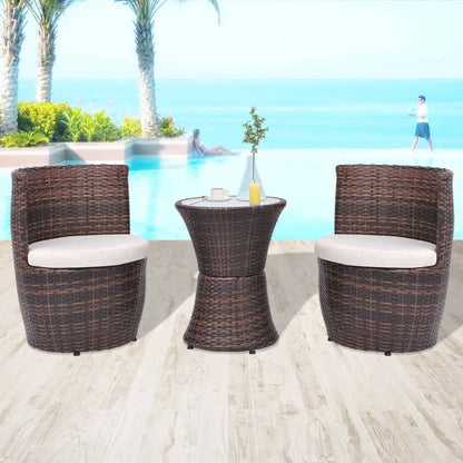 3-delige Bistroset met kussens poly rattan bruin