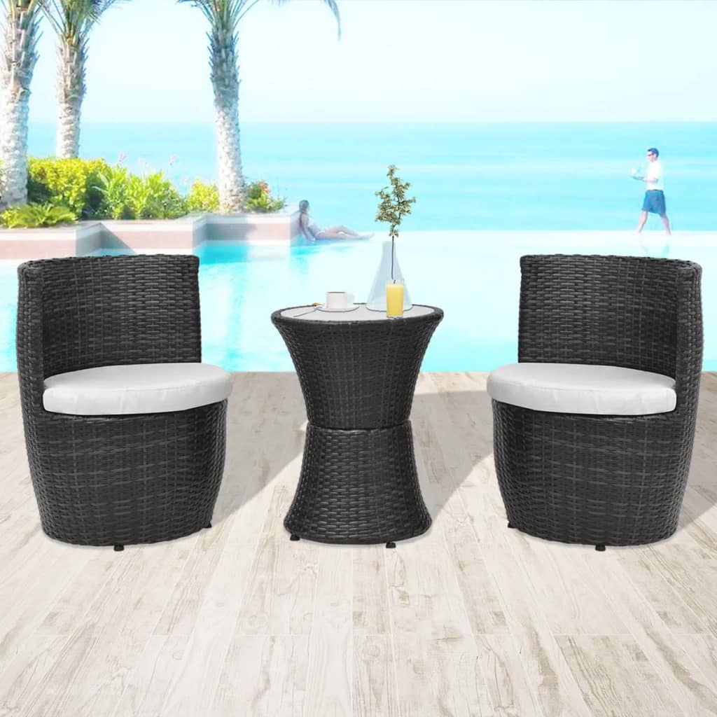 3-delige Bistroset met kussens poly rattan zwart