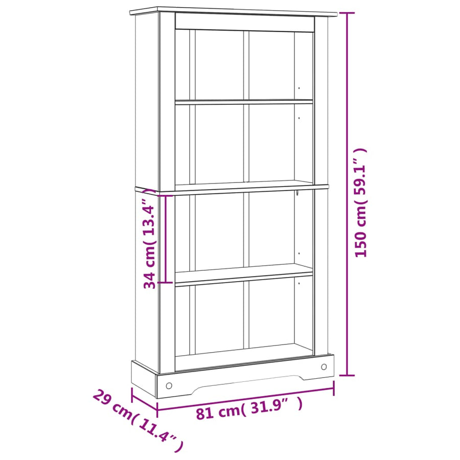Boekenkast Grenenhout Met 4 Planken Corona-Stijl 8X29X50 Cm 150 cm Bruin