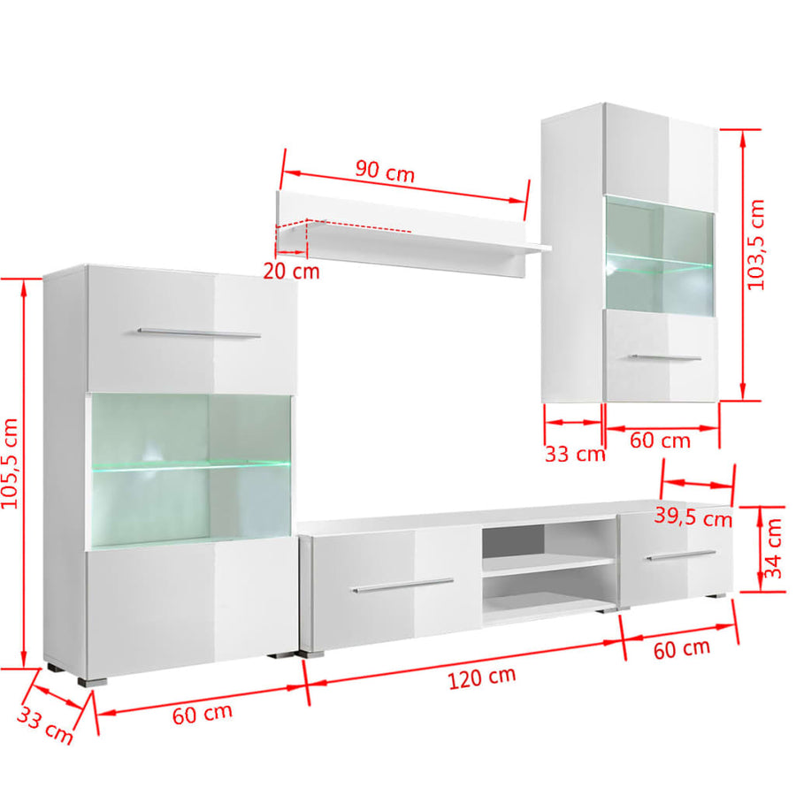 Muurvitrine Tv-Meubel Met Led-Verlichting 5-Delig Wit