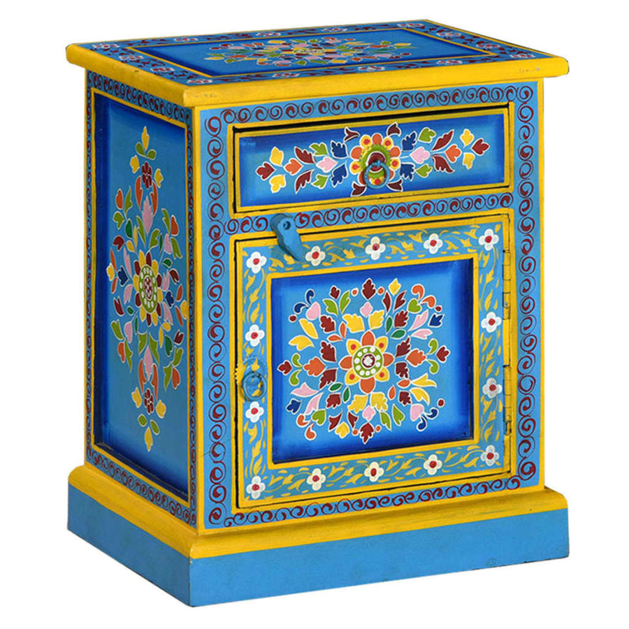 Nachtkastje Handgeschilderd Massief Mangohout Turquoise Blauw