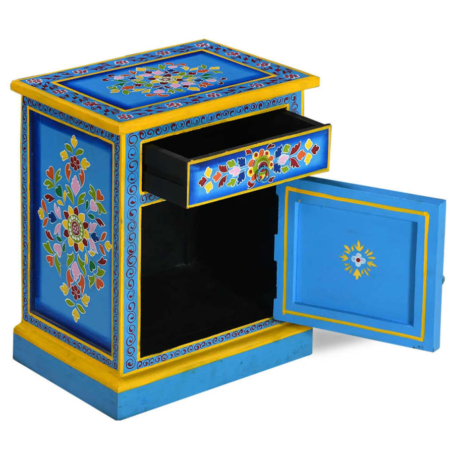 Nachtkastje Handgeschilderd Massief Mangohout Turquoise Blauw