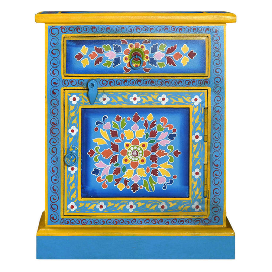 Nachtkastje Handgeschilderd Massief Mangohout Turquoise Blauw