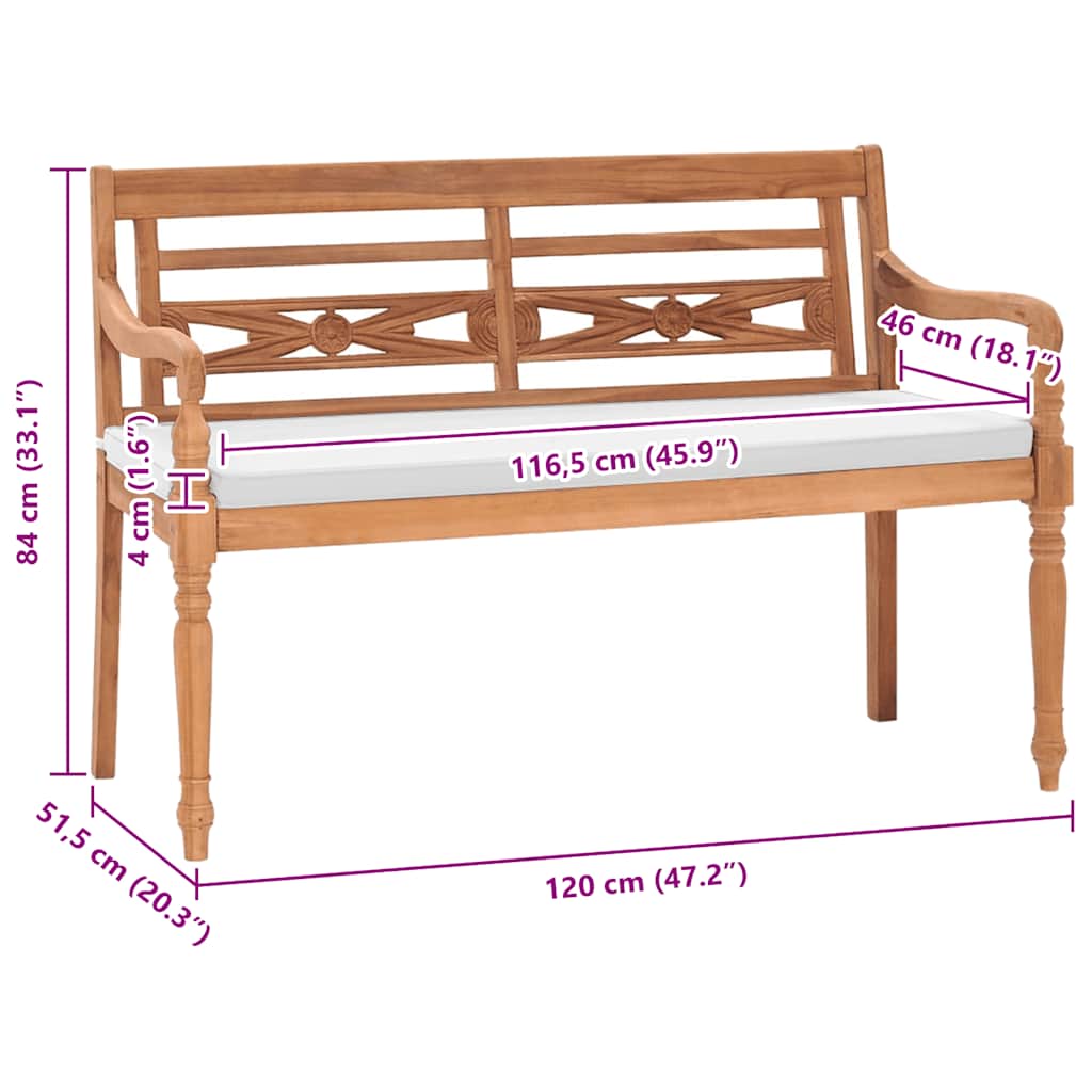 Bank Batavia met kussens 120 cm teakhout