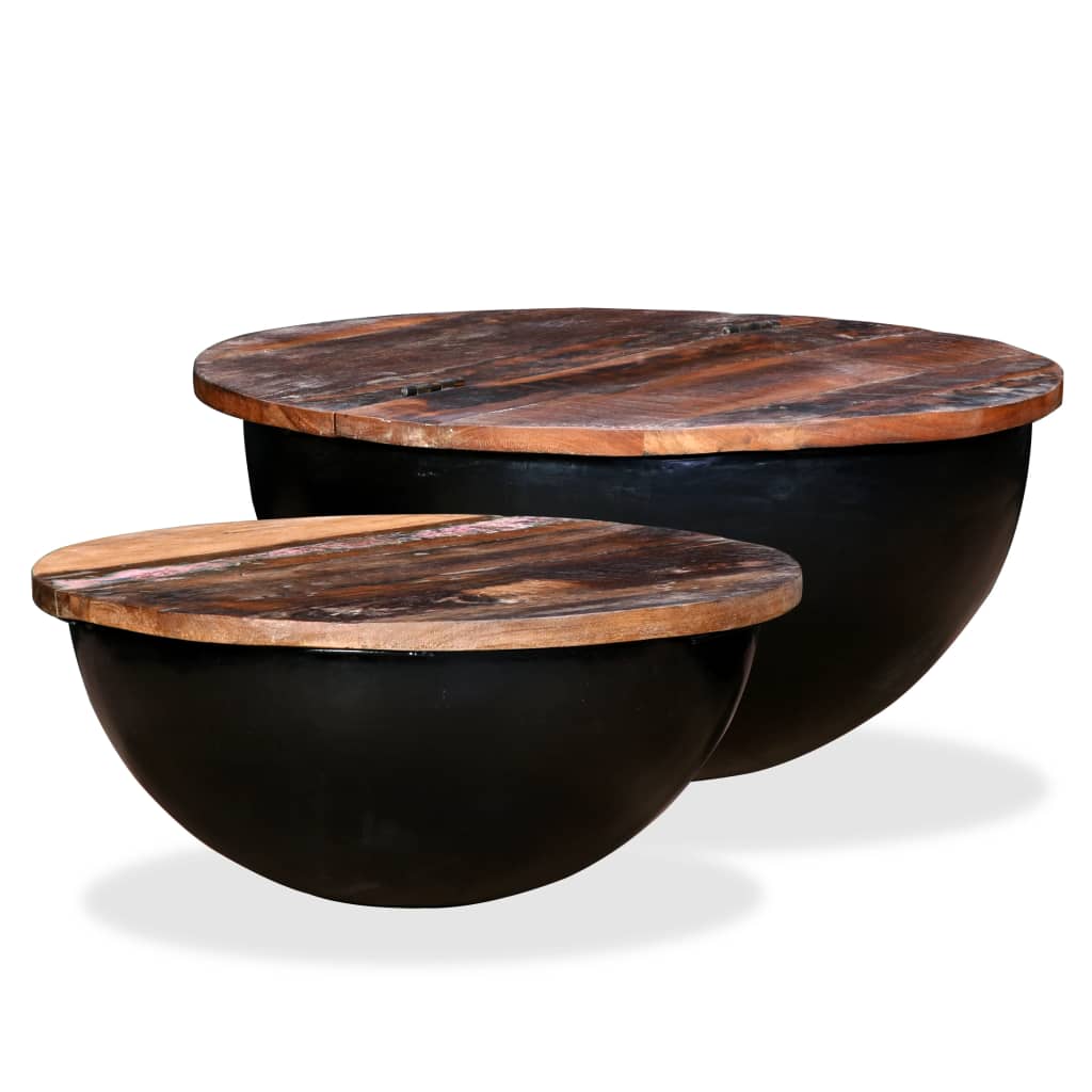 2-Delige Salontafelset Komvormig Massief Gerecycled Hout Zwart 60 x 27 cm
