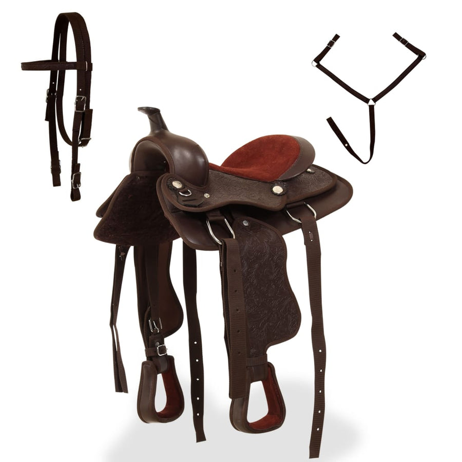 Western Zadel, Hoofdstel En Borstriem 12" Echt Leer Bruin