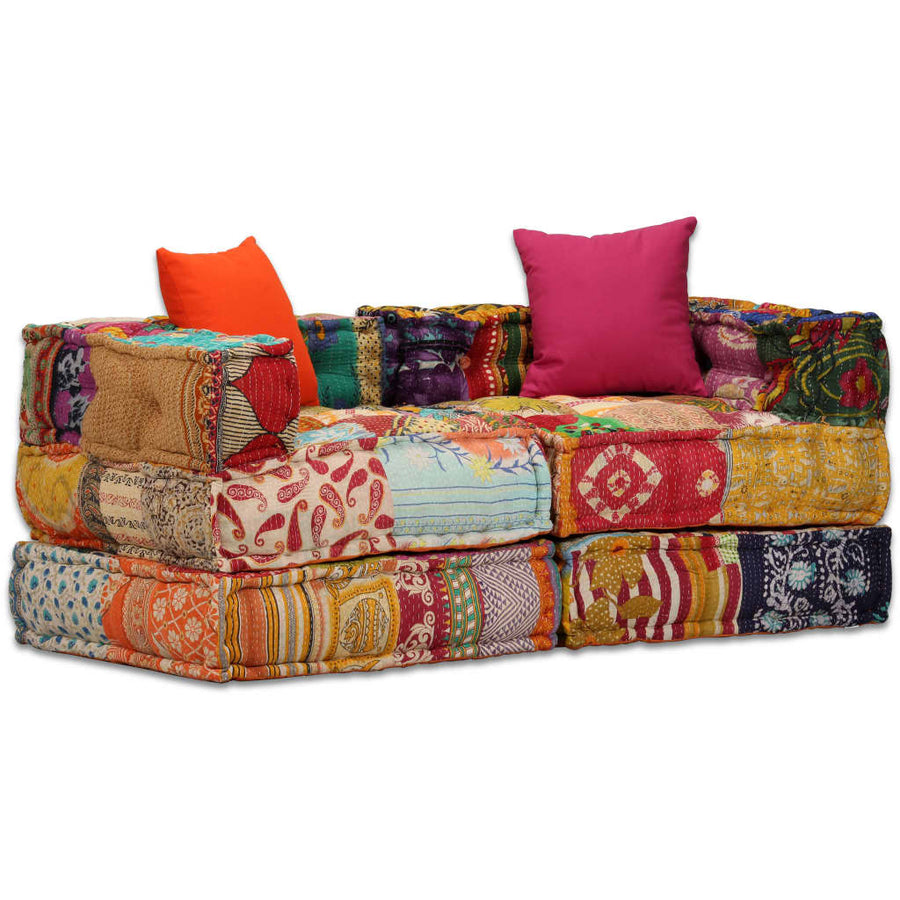 Poef Tweezits Modulair Stof Patchwork Tweezitsbank met rugleuning en armleuning