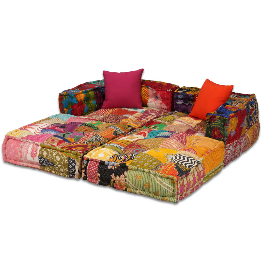 Poef Tweezits Modulair Stof Patchwork Tweezitsbank met rugleuning en armleuning