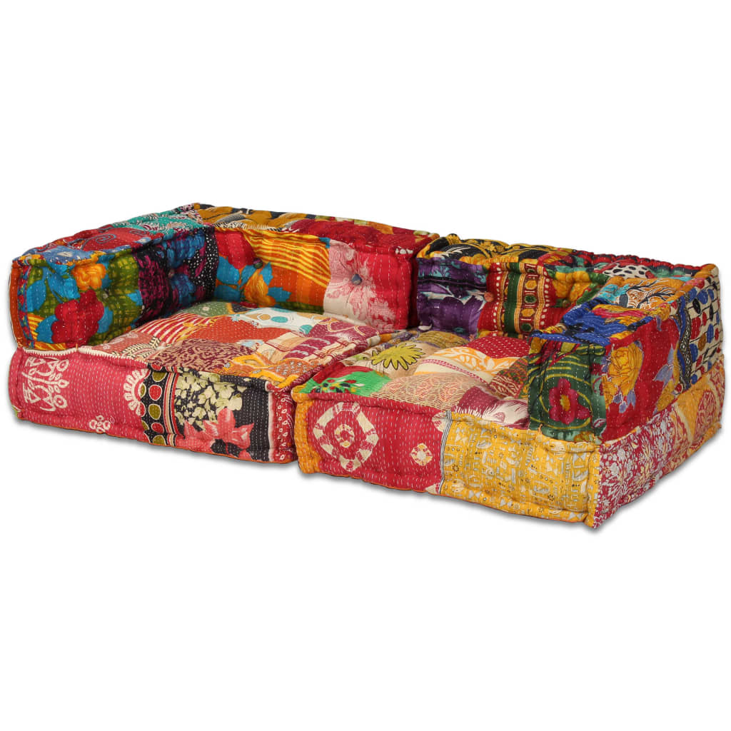 Poef Tweezits Modulair Stof Patchwork Tweezitsbank met rugleuning en armleuning