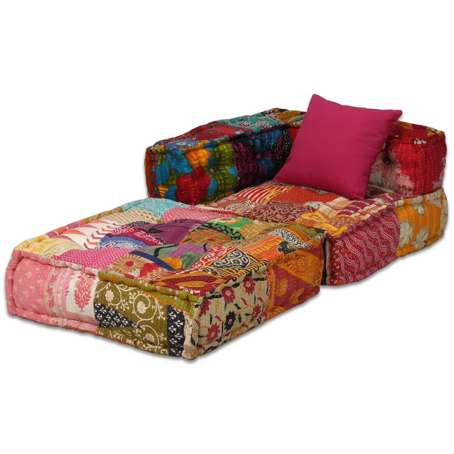 Poef Tweezits Modulair Stof Patchwork Tweezitsbank met rugleuning en armleuning