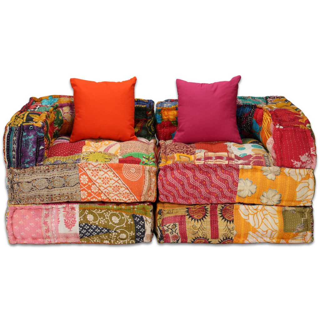 Poef Tweezits Modulair Stof Patchwork Tweezitsbank met rugleuning en armleuning