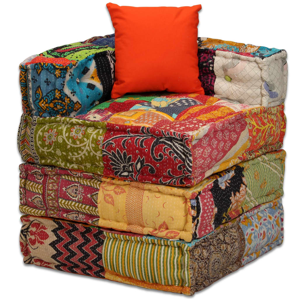 Poef Tweezits Modulair Stof Patchwork Tweezitsbank met rugleuning en armleuning