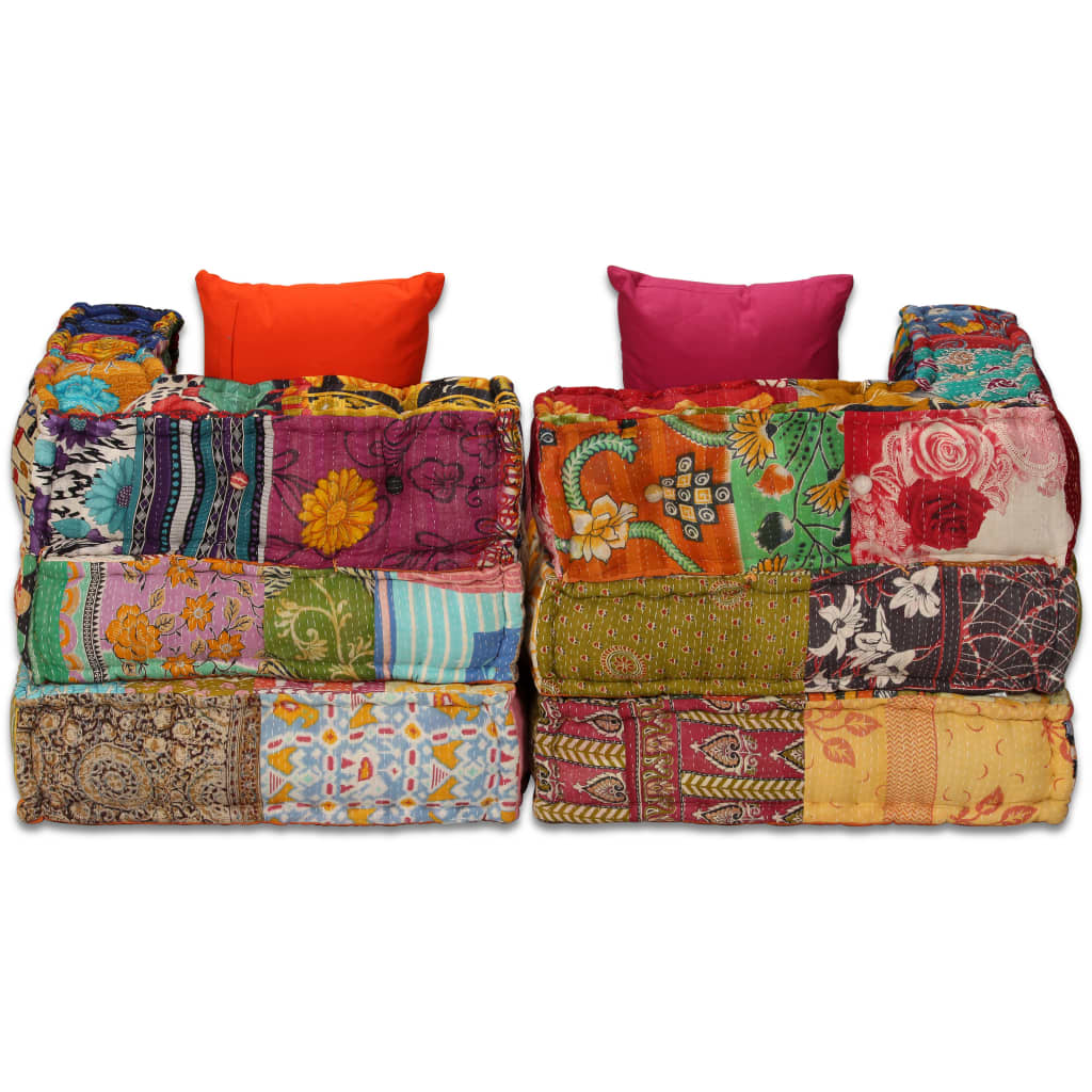 Poef Tweezits Modulair Stof Patchwork Tweezitsbank met rugleuning en armleuning