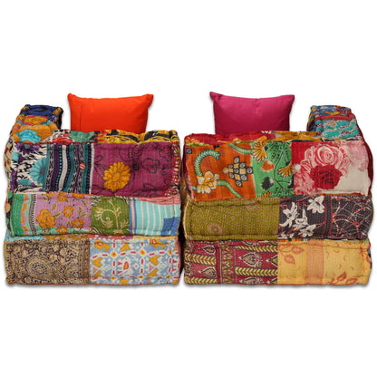 Poef Tweezits Modulair Stof Patchwork Tweezitsbank met rugleuning en armleuning