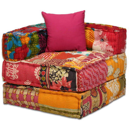 Poef Tweezits Modulair Stof Patchwork Tweezitsbank met rugleuning en armleuning