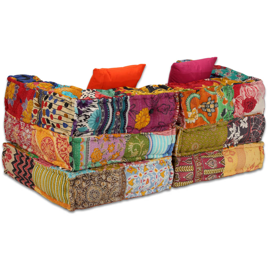 Poef Tweezits Modulair Stof Patchwork Tweezitsbank met rugleuning en armleuning