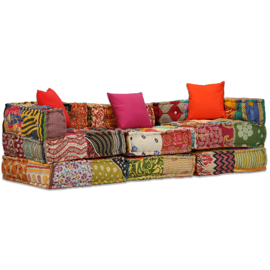 Poef Driezits Modulair Stof 1 Patchwork Driezitsbank met rugleuning en armleuning